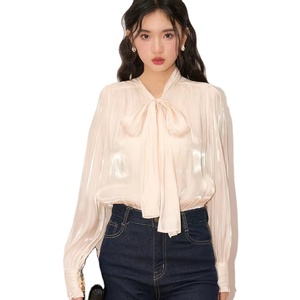 SHENZHU 2026 Spring New Women's Vintage Casual Summer Neck <b>Lantern</b> Long Sleeve Knotted Pleated Waist Slim Fit Fabric - Product Image 2