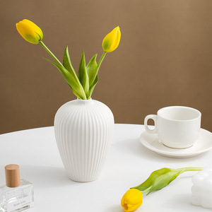 White Modern Minimalist Ceramic Vase With Lined Design for Living Room Dining Table Dried <b>Flower</b> <b>Display</b> Home Decor - Product Image 2