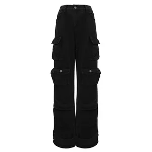 Custom Latest Design Para Pantalon Baggy Loose Black Cargo Pants Women's Pocket Denim Fabric Femme Stacked Purple Jeans Mujer