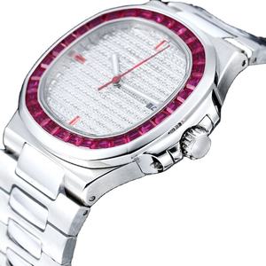 Montre mécanique automatique de luxe pour homme, boîtier en forme de coussin, bracelet en acier inoxydable, lunette sertie de pierres rouges, cadran entièrement serti de diamants, cadran lumineux - Product Image 2