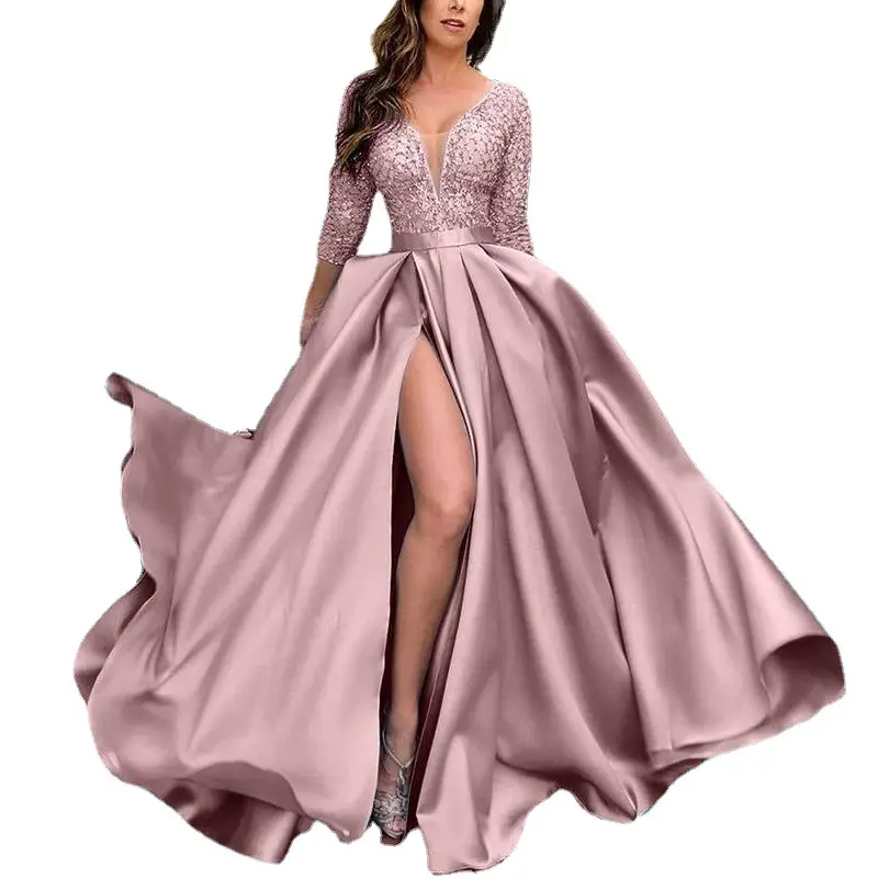 여자의 우아한 기본 이브닝 드레스 깊은 V-넥 긴 레이스 섹시한 여성 이브닝 드레스 플러스 사이즈