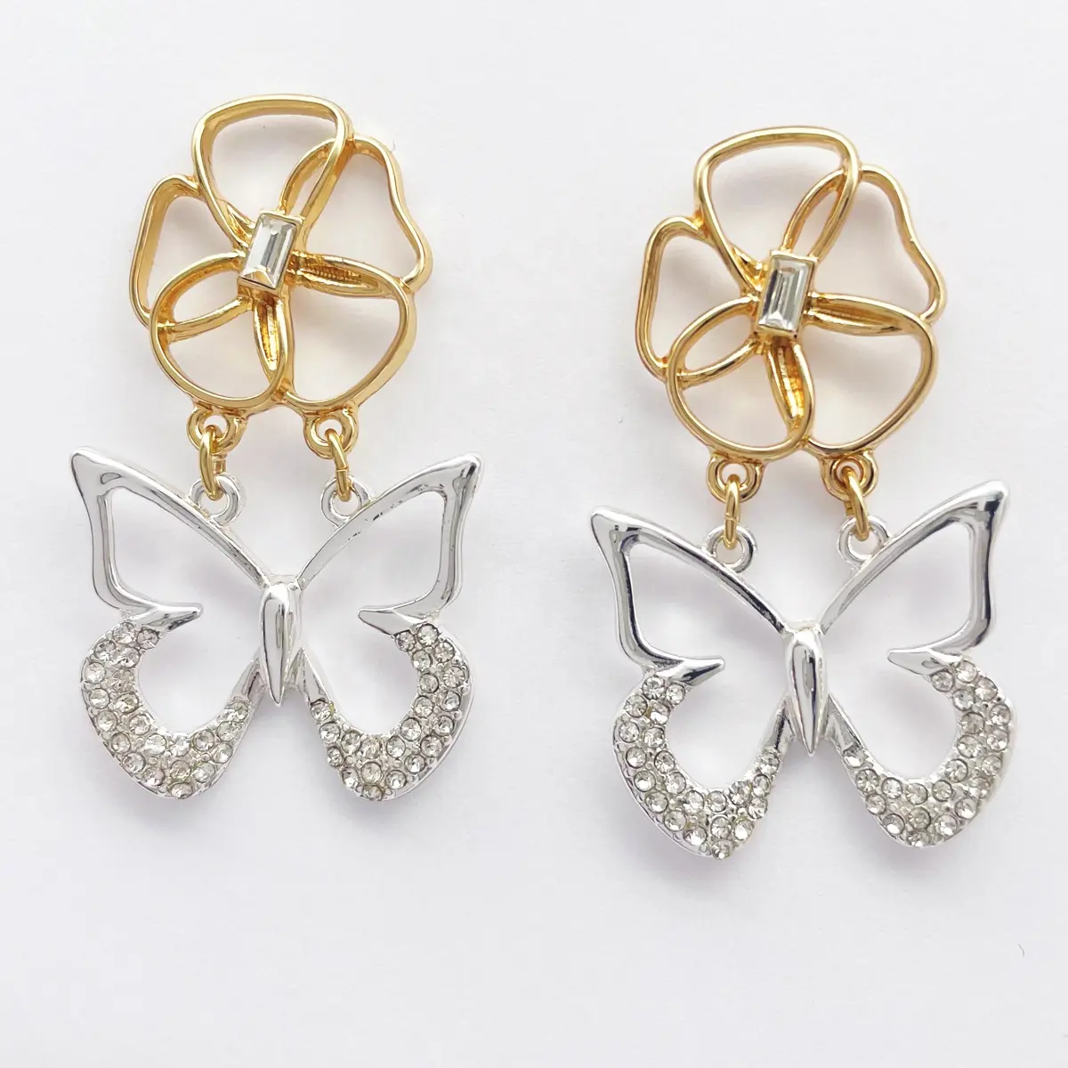 Charm custom jewelry crystal flower butterfly gold silver plated diamond stud earrings for women