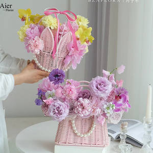 Aierflorist nuevo 2023 Pink Bunny Ears Flowers Flower <span class=keywords><strong>Basket</strong></span> Pearl <span class=keywords><strong>Fruit</strong></span> Regalo creativo cesta de flores - Product Image 2