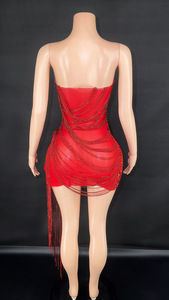 Abiti da Festa per Donne con Perline e Frange, <span class=keywords><strong>Abbigliamento</strong></span> Femminile Autunno 2023, Elegante Abito da <span class=keywords><strong>Sera</strong></span> <span class=keywords><strong>Rosso</strong></span> con Cristalli - Product Image 2