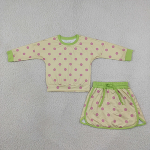 Ensemble sweat-shirt et short en coton à pois pour bébés de 0 à 24 mois, tenue décontractée, bordure verte, base jaune, imprimé pois roses - Product Image 1