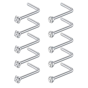 Lot de 10 anneaux de nez en acier inoxydable 20G, clous de piercing pour femmes et hommes, piercing de nez en forme de L avec diamant CZ rond de 2 mm - Product Image 1