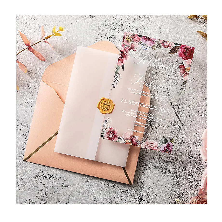 Özel lüks baskılı davetiye zarflar ile mühür mumu çıkartmalar el yapımı tebrik kartları şeffaf akrilik düğün davetiyesi