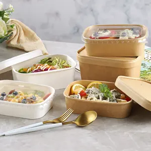 King Garden Custom Eco Friendly Packaging 750ml 1000ml Rectangular Salad Bowls Paper Food Container With Lid