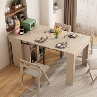 Table à manger multifonctionnelle moderne extensible avec armoire de rangement, chaises pliantes dissimulées, plateau en bois massif et ardoise, table télescopique