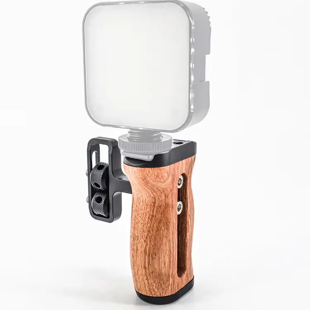Universal Camera Cage Left/Right Side Handle Wooden Hand Grip Double Fixed with 1/4 Screw Hole Cold Shoe Mount for Camera Cage