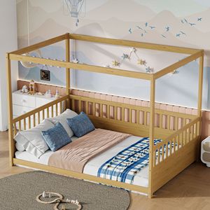 Lit à baldaquin en bois massif avec barrières de sécurité, structure assemblable en pin couleur blé pour enfants, adultes et personnes âgées - Product Image 1