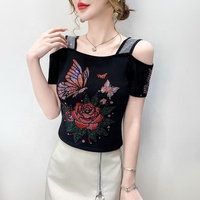 Camiseta de Fiesta Personalizada para Mujer con Lazo de Mariposa, Pedrería y Lentejuelas Brillantes, de Hombros Descubiertos y Manga Corta para Discoteca