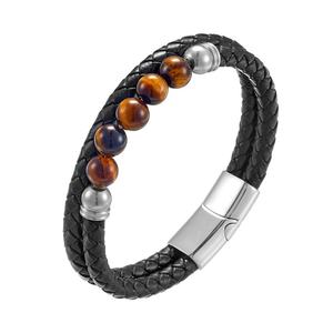 High Quality Men's Stainless Steel Fashion <b>Bracelet</b> Wholesale Leather <b>Rope</b> with Tiger Eyes Stone - Product Image 6