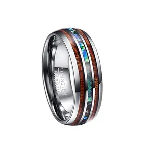 POYA Jewelry 8mm Mens Wedding Bands Hawaiian Koa Wood and Abalone Shell Tungsten Carbide Rings Comfort Fit Engagement MEN'S Gift