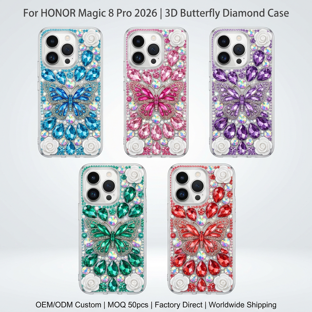 Handmade Bling Rhinestone Diamond Butterfly Flower Phone Case for iPhone 17 Series Wholesale Luxury Crystal Glitter Clear Cover