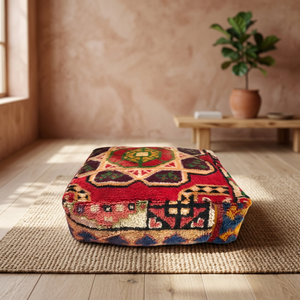 Pouf rectangulaire moderne en coton fait main, coussin de sol à motif géométrique abstrait, rouge multicolore, décoration de salle de bain - Product Image 2