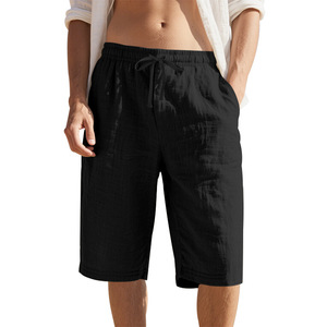 Nouveaux shorts en lin pour hommes, taille élastique avec cordon de serrage, coupe droite, couleur unie, respirants, décontractés, pour la plage, longueur 7/8, tenue d'été - Product Image 1