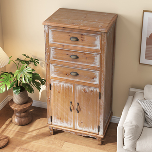 Rustic Wooden <b>Storage</b> Cabinet With 3 Drawers And Doors Tall <b>Narrow</b> Organizer For Living Room Bedroom Natural Finish - Product Image 3
