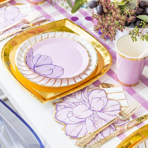 Vaisselle en papier personnalisée avec fleurs violettes et estampage à chaud doré, fabricant de vaisselle jetable, assiettes en papier, serviettes, vaisselle en papier pour fête du thé - Product Image 1