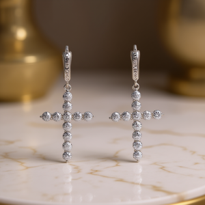 Orecchini a Croce Dorata con Diamanti, Placcati in Oro Bianco, Diamanti Naturali Taglio Brillante Rotondo, Gioielli Religiosi da Donna E3567 - Product Image 2