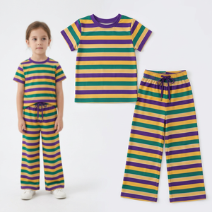 Nueva Llegada de Ropa Infantil de Boutique, Conjunto de Camisa de Manga Corta y Pantalones Largos con Rayas de Mardi Gras para Niñas - Product Image 1