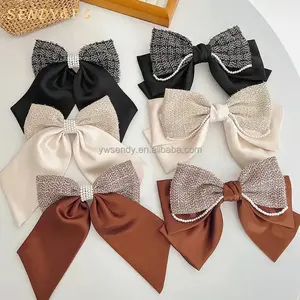 Autumn Winter Knitted Satin Bows Ribbon Large Hairpins Pearl Bowknot Versatile Elegant Women Spring Clips