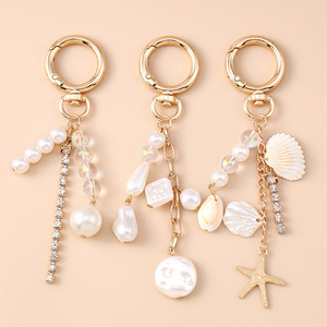 Llavero de cuentas de perlas de concha de lujo, llaveros de concha de perla brillante, llavero de cadena grande para teléfono móvil, llavero de perlas de estrella de mar - Product Image 1