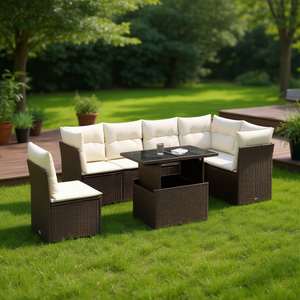 Conjunto de Sofá de Jardín de Mimbre Sintético Marrón con Cojines de Espuma de Alta Densidad, Muebles de Exterior de Diseño Contemporáneo Resistentes a los Rayos UV - Product Image 2
