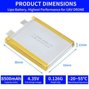 맞춤형 <span class=keywords><strong>3.7v</strong></span> 3.8v 충전식 리포 리튬 폴리머 배터리 8500mAh 126280 드론 배터리 셀 - Product Image 2
