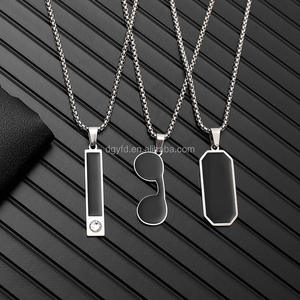 热销珐琅黑色眼镜几何长条颈链不锈钢吊坠项链男士定制首饰 - Product Image 2