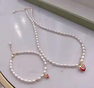 Red Strawberry Heart Set Freshwater Rice Pearl Necklace Bracelet Set Jewelry Set Beautiful Pearl Natural 5-6MM Gold Plated 908