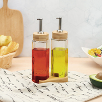 Bouteille d'huile d'olive en verre écologique avec couvercle en bois, bec verseur anti-goutte en métal et support en bois, distributeur de vinaigre