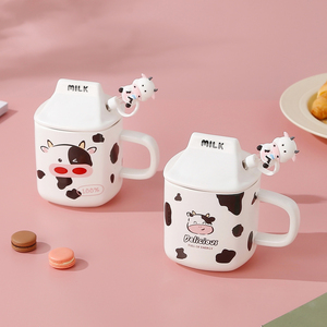 Cute Cow <b>Ceramic</b> <b>Mug</b> with Lid and Straw Creative Milk Bottle Shape Coffee Cup Kawaii Animal Breakfast Cup for Kids - Product Image 2