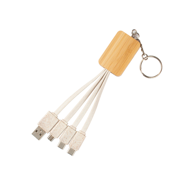 Degradable Rectangle Bamboo 3 in 1 Usb Charging Cable Eco-Friendly 3 in 1 Bamboo and Wheat Straw Charging Cable With Key Chain