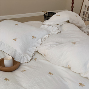 Ruffled Bow Embroidered Duvet Cover Set 100% Cotton Gauze Four-Piece <b>Bedding</b> Home Use - Product Image 2