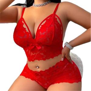 طقم لانجري نسائي مثير عالي الجودة من قطعتين بمقاس كبير، خيط جي سترينج مع زخرفة من الدانتيل، وسراويل بيكيني بدون أسلاك بنمط سادة - Product Image 5