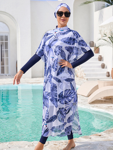 Cobertura Completa Modesto Impresso Mulheres Muçulmano Swimwear Feminino Islâmico Tamanho M-4XL <span class=keywords><strong>Beachwear</strong></span> 4pcs com Hijab Top Pant Cover - Product Image 3