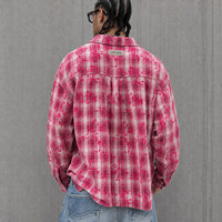 Chemise en flanelle à carreaux délavée au soleil personnalisée pour homme, à manches longues, boutonnée, avec strass et effet délavé à l'acide