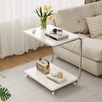 Table d'appoint roulante double couche blanche avec rangement latéral, cadre en métal chromé, plateau mobile sur roulettes, table d'appoint de canapé minimaliste multifonctionnelle