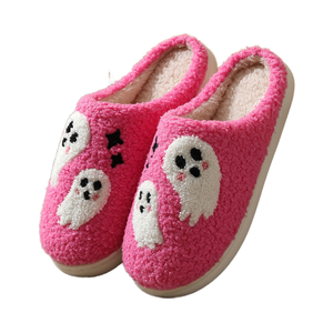 Pantofole da donna in pelliccia sintetica calda e confortevole, con design Halloween, Natale, Inverno, Zucca, Pipistrello, BOO, Gatto Nero, con suola in TPR per aumentare l'altezza - Product Image 1