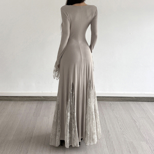 French elegant lace inset spliced square neck flared sleeve <b>dress</b> socialite temperament fashion slim gentle long <b>dress</b> - Product Image 5