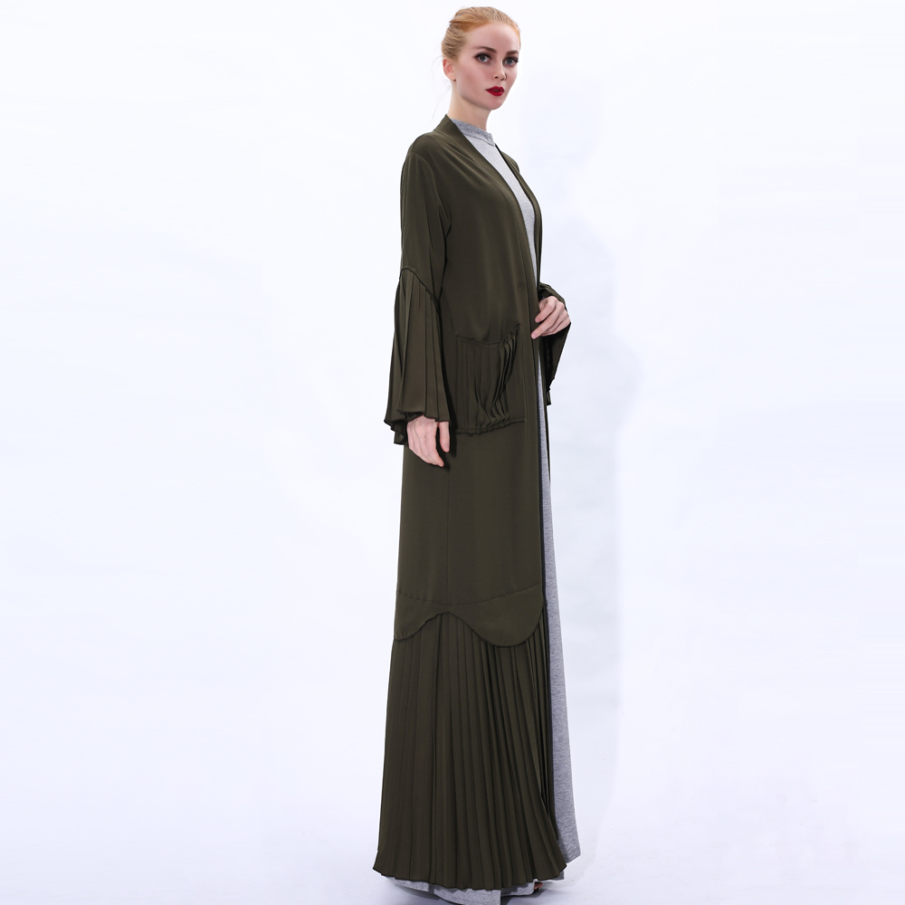 Muslim Women Abaya Dress Long Sleeve Robe Cardigan with belt Design Trumpet pleated Sleeve Lady Long Sleeve Maxi Dress 91225