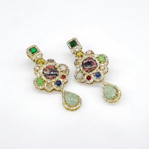 Boucles d'oreilles pendantes 09404 avec pierre double, en laiton, zircon cubique multicolore, bijoux floraux imposants pour soirées et événements - Product Image 1