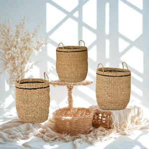 Poubelle rectangulaire en jonc de mer naturel, panier tressé vintage noir, poubelle de salle de bain multi-usage, écologique, export mondial - Product Image 3