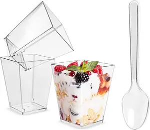 Tasse carrée jetable, tasse à Pudding en plastique transparent avec couvercle