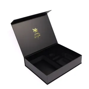 定制豪华纸板包装黑皮书形状硬质纸板礼品盒泡沫插入切口磁性闭合礼品盒