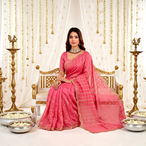 Sari de Seda Rosa Bordado Estilo Bollywood de AARA Fashion con Protección Solar, Vestido Tradicional para Mujer para Bodas y Fiestas, Todas las Temporadas - Product Image 1