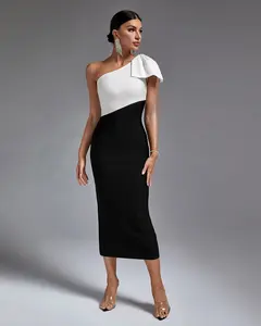 Classic Women Casual Dress Black And White Bandage Dress One Bow Shoulder Sleeveless Slim Fit Midi Dress