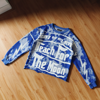 Sweatshirt Crewneck Tie Dye Biru Pria Gaya Hip Hop Streetwear, Cetak Slogan Kompas Dua Sisi, Cetak Petir, Raw Hem, Model Crop