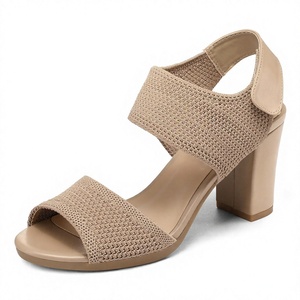 Sandalias de tacón de bloque para mujer, de punto, con punta abierta, tacón grueso, sin cordones, para verano - Product Image 4